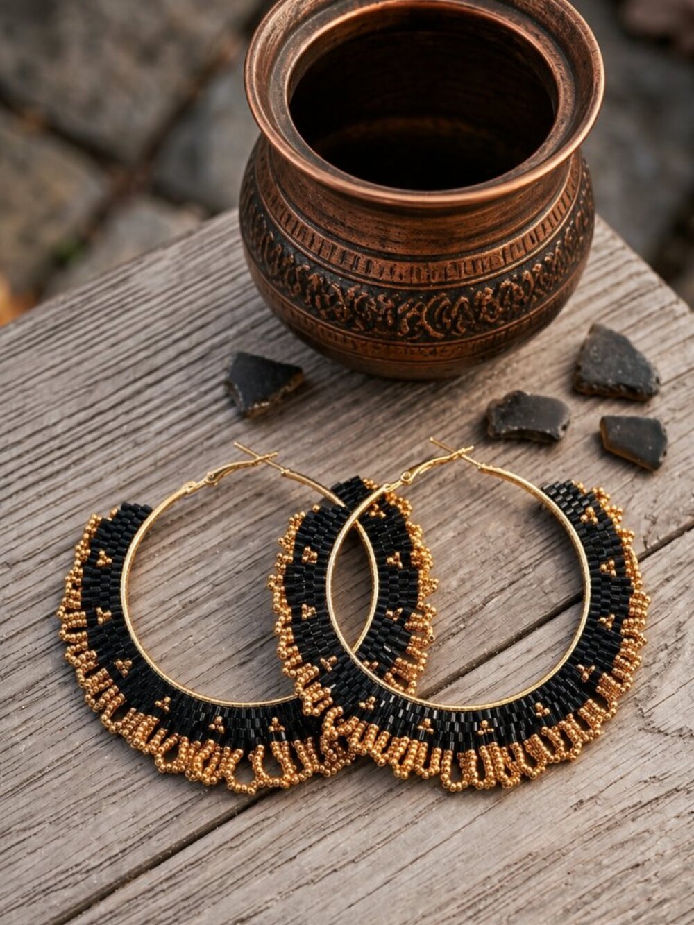 Handmade Glass Beaded Bohemian Statement Hoop Earrings Black and Gold 3"